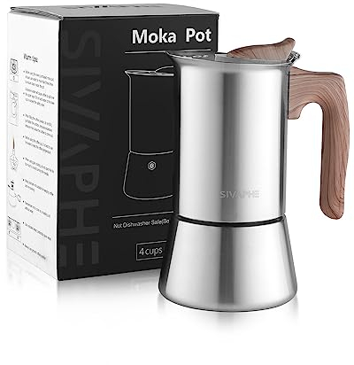 Sivaphe Stovetop Espresso Maker 200ml, Induction Hob Italian Coffee Percolator Maker Moka Pot Stainless Steel 4 Italian Cups
