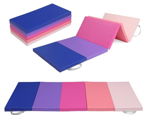 Bonnlo Folding 5-fold Gymnastics Gym Exercise Aerobics Mat, 192cm x 76cm x 4cm with Carrying Handles, PU Leather Tumbling Mats for Stretching Yoga Cheerleading Martial Arts (Pink,Blue Gradient)