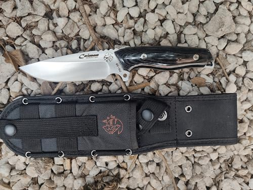 J&V Cuchillo de Supervivencia CAIMAN para Campo Bushcraft Caza y Pesca - Mango de Mikarta - Hoja de Acero Inoxidable MV-58 y 12 cms - Funda (Mikarta Negra- Funda Cordura)