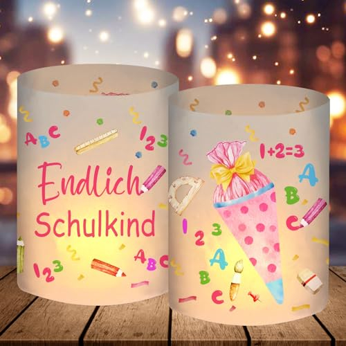12 Windlicht Tischdeko Einschulung Mädchen, Endlich Schulkind 2025 Deko, Schulanfang Deko mit Bunten ABC Zuckertüte, Rosa Einschulungsdeko Mädchen, Geeignet für Teelichter oder Kerzen