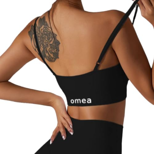omea sports Reggiseno sportivo da donna, top con spalline sottili, fitness, palestra, palestra, allenamento, sportivo, comodo, elegante, jogging, funzionale, versatile, crossfit, pilates, yoga, Nero ,