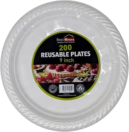 BH | 200 Pcs White Dinner Plates | 9 Inch | Washable & Reusable Heavy Duty Dinnerware for Parties | Microwave Safe Crockery for Birthday Parties, Catering, Camping, BBQ & Everyday Use - By Best House