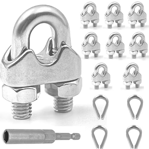 Lyrlidr 8 Pcs M6 Wire Rope Clamps Cable Clamps 4 Pcs1/4 Wire Rope Thimble U Bolt Saddle Fastener 304 Stainless Steel Cable Clamps