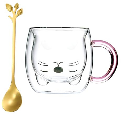 Xiuyer Tazza di Bicchieri Bicchierini Liquore Bicchieri da Rum Bicchieri Amaro Tazzine Caffe Vetro Doppia Parete Tazzine Borosilicato Bicchiere da Vodka 250ml Con Cucchiai(Gatto)