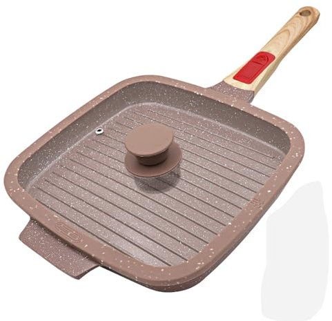 RANX INGST Bistecchiera con Rivestimento in Ceramica 26 x 24 cm, Padella Griglia con Coperchio, Pietra Quadrata con Maniglia Rimovibile