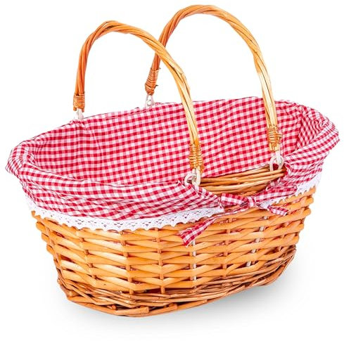 ADEPTNA Lightweight Wicker Shopping Basket with Foldable Handles – Handwoven Willow Hamper with Red Gingham Cotton Liner – Gift, Picnic, Easter, Toy, Garden, Storage Basket (LARGE)
