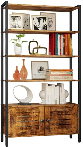 IRONCK Bookshelf with Doors, Storage Shelf, Large Bookcase with Casters, 5 Tier Industrial Shelves, Adjustable Free Standing Display Shelf for Living Room, Office, Dinning Room, 70x30x144cm (Brown)