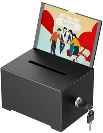 Uniclife Black Donation Box, Metal Suggestion Box with Slot and Lock, Black Ballot Boxes with Sign Holder, Storage Container for Voting Charity Tip Collection, 16.3 x 12 x 10 （cm）