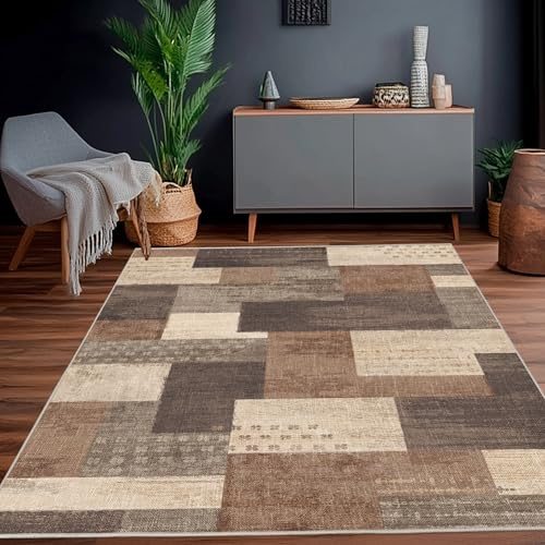 Calinline Tappeto moderno geometrico patchwork per interni e soggiorno, antracite, 80 x 150 cm, grandi tappeti, collezione Rockwood, decorazione per camera da letto, grigio, morbido, pelo corto