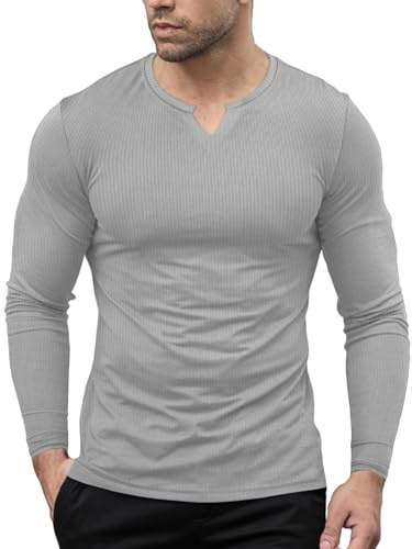 Agilelin Män, muskelskjortor, snygga långärmade slim fit, V-ringning, t-shirt, basic, termoundertröjor, Långärmad grå, M