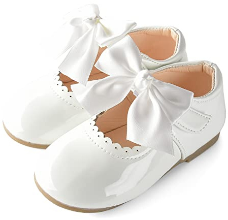 JerrisApparel Scarpe Bambina Vernice Fiocco Abito Mary Jane Ballerine (22 EU, Bianco)
