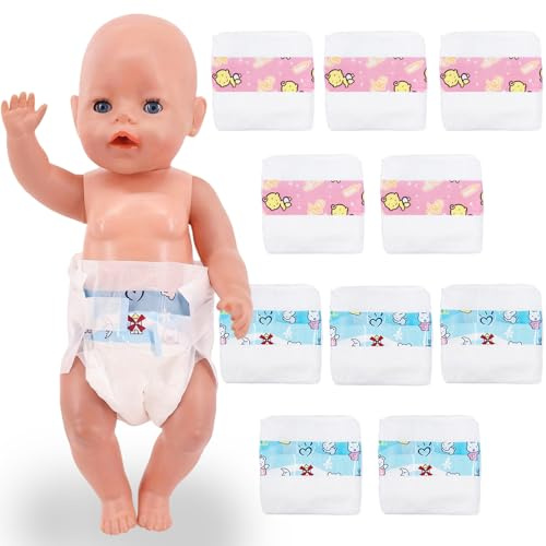 Xerteam 10 Stück Puppenwindeln, Cute Baby Puppe Windeln für Puppen bis zu 50cm, Wiederverwendbare Puppen Kleidung Zubehör für 14-20 Zoll Puppen Pretend Play
