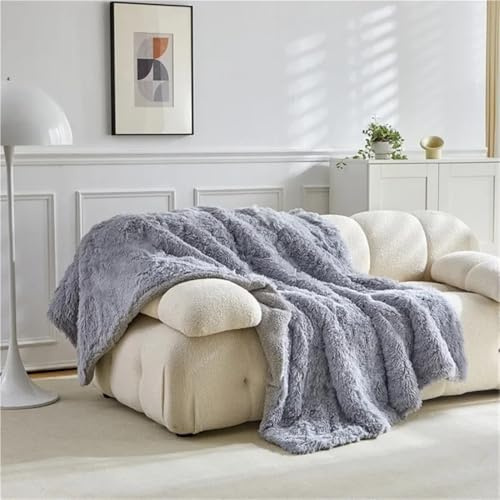 Dubbel Minkfleece Lammfleece Bomullsfilt Korallfleece Glassfilt Långt Hår Enfärgad Enkel Sofffilt(Gray,150x200cm)