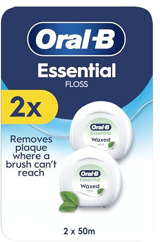 Oral-B Essential Floss - Removes Plaque - Waxed Dental Floss for Tight Spaces - Shred-Resistant - Mint - 2x50M Roll