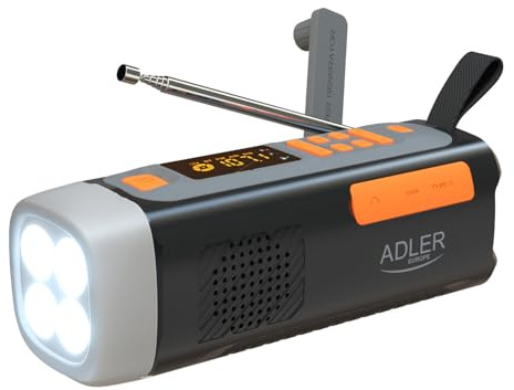Adler AD 1920 Nödradio med solpanel manuell generator och powerbank 4 500 mAh FM AM SW Bluetooth 5.0 LED-ficklampa SOS USB C campinglampa utomhus överlevnad camping