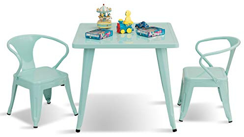Costzon Kids Table and 2 Chair Set for Indoor/Outdoor Use, Steel Table and Stackable Chairs, Preschool, Bedroom, Playroom, Home, Furniture for Toddlers Boys & Girls(Mint Green, Table & Chairs)