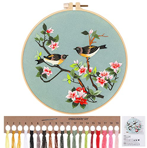 MWOOT Kit de Droderieavec Motif de Fleurs et Oiseaux, Kit de Broderie Estampé au Bricolage pour Débutants Adultes