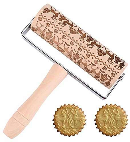 Christmas Embossed Rolling Pins 3D Wooden Engraved Embossing Rolling Pin Christmas Patterned Rolling pin Baking Tools for Kids Dough Pastry Clay Crafts Christmas Cookies Baking Tool Supplies (A)