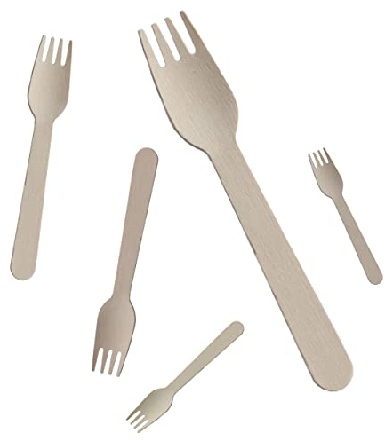 Commerline 100 Stück Einweg Holzlgabeln Besteck, Holzgabel Einweggabel Einwegbesteck, Holzbesteck Holz Einweg Gabel, Einmalgabel Gabeln aus Holz