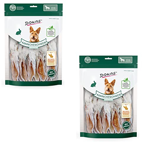 Dokas Dog Kaninchenohren mit Fell für Hunde - getrocknet - Doppelpack - 2 x 180g