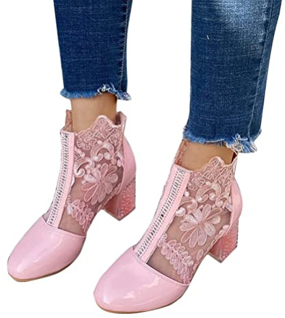ORANDESIGNE Femmes Bottines Élégantes Épissage Fleurs Dentelle Fermeture Éclair Bottes D'été à Talons Épais Soirée Parties Chaussure Maille Respirant Bottines Grande Taille