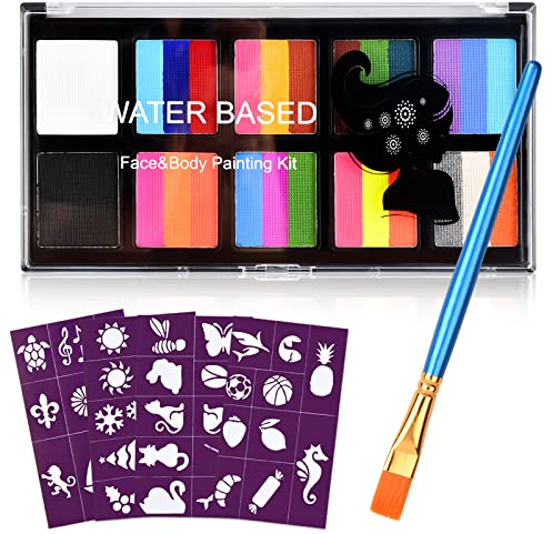 Gesichts und Körperbemalungsset,10 Farben Gesicht Body Painting Öl 2 Pinsel,Rainbow Strip Set Gesicht Körperbemalungspalette,Körperbemalung Pigment Make-up Bemalungsset für Kinder Erwachsene Halloween