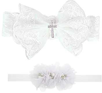 Nishine 2 Pack Christening Headband for Babies with White Bow for Children (Cross Button)