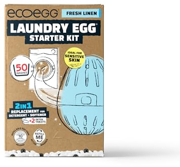 Ecoegg Starter Kit | Detergent and Fabric Softener Replacement | Non bio and no enzymes, chlorine bleaches, phosphates, parabens, SLS/SLES or palm oil | Vegan | Sensitive Skin | Fresh Linen 50 Washes