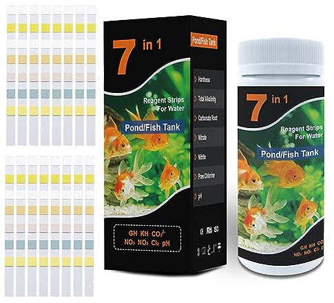 Lot de 100 bandelettes de test 7 en 1 pour aquarium, kit professionnel de test de l'eau pour aquarium, bassin, eau douce et salée, pour détecter le pH, nitrite, chlore, dureté carbonate, testable en