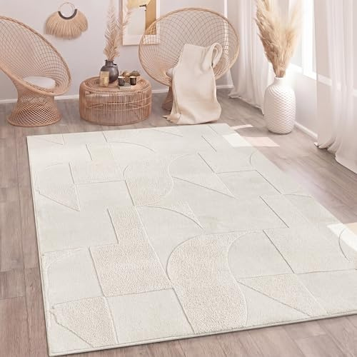 Paco Home Teppich Wohnzimmer Schlafzimmer Hochflor Skandinavisches Muster Boho Optik Weich Uni 3D Optik Abstrakt Waschbar Creme, Grösse:120x160 cm