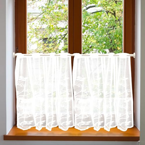 ZOLGINAH Visillo Cocina con Delicados Patrones de Mariposas y Flores,Cortinas Cocina Modernas con Ojales,Blanco Semitransparente Visillos Cortos para Ventanas Salon Dormitorio (60x90cm(BxH),2 Piezas)