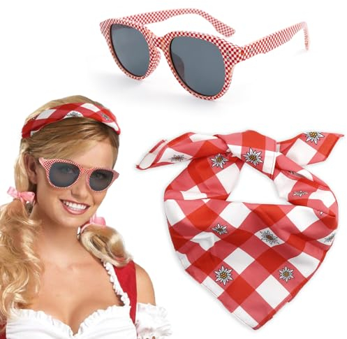 Oktoberfest Halstuch Rot-Weiß Kariert, Rot-Weiß Kariert Brille, Rot Trachtentuch Kariert Halstuch, Kann als Halstuch, Bandana oder Armbinde für Oktoberfest-Mottopartys verwendet werden
