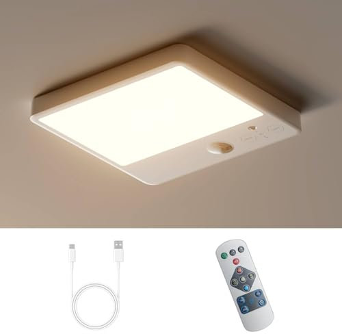 LED Akku Lampe mit Bewegungsmelder, Kabellos Deckenlampe ohne Stromanschluss, 3 Farbtemperaturen, Dimmbar mit Fernbedienung, Aufladbare Batteriebetriebene Deckenleuchte für Flur/Badezimmer/Keller