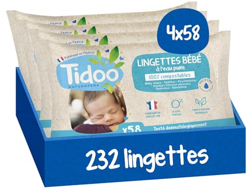 TIDOO - Lingettes à l'Eau Pure Pour Bébé, Douces et Ultra Résistantes - Nettoyantes Compostables Sans Allergènes - Soin Pour Peaux Normales & Fragiles - 4x58 Lingettes