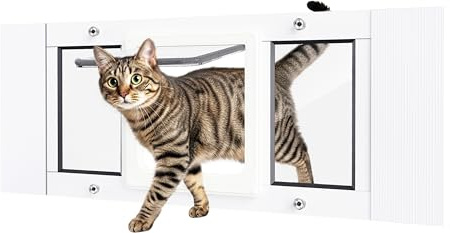 SAKSUN Cat Door for Window Weatherproof: Aluminum Frame Flap Pet Door Quick Fit Window Insert - Easy Adjustable to Fit Windows Width 27-32 - 4 Secure Lock Modes with Magnetic Closure for Dog Cats