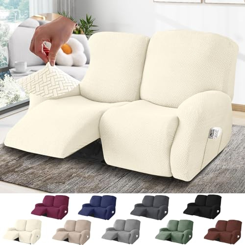 BOYIFEIJIE Funda Sofa Relax Reclinable 2 Plazas, Funda Sofa Relax con Bolsillos, Fundas Elástica de Jacquard a Rayas Diseño Todo Incluido para Sofa Reclinable (Beige, 6-Piezas)