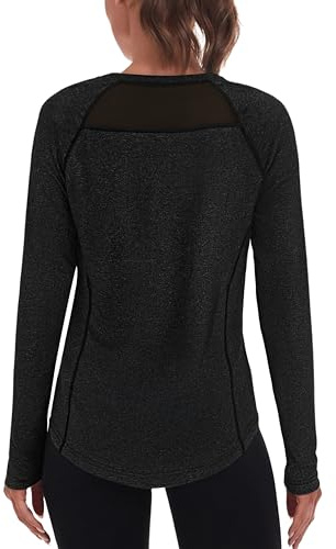 Wayleb Womens Long Sleeve Running Top with Mesh Back Crewneck Gym Activewear Basic Breathable Soft Base Layer Black S-XXL