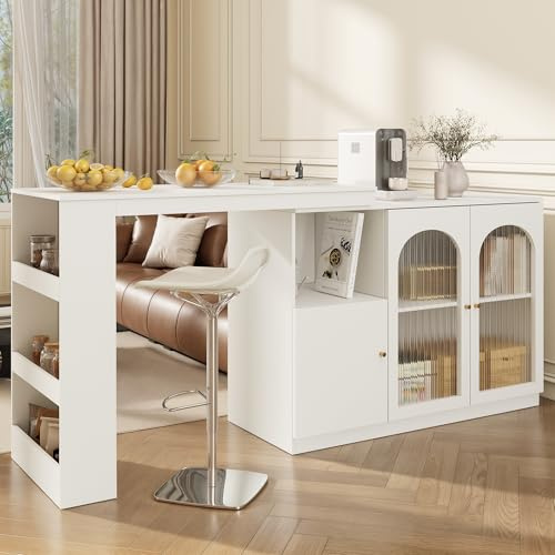 FAYICIC Mesa de bar giratoria 360° (cuerpo principal 120 x 40 x 97 cm), moderno y sencillo mueble giratorio para comedor y bar, armario de almacenamiento multifuncional con puerta de cristal (blanco)