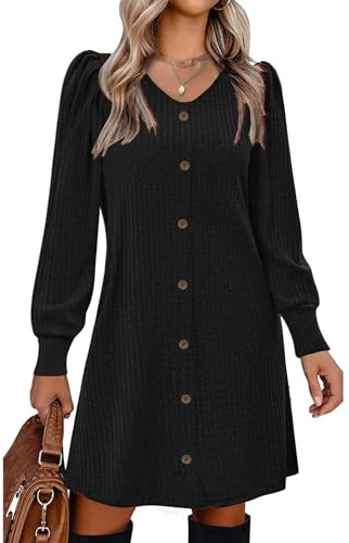 Vossmi Vestidos Punto Casual para Mujer Midi Vestidos de Manga Larga Elegante Dress Cuello en V Invierno,Negro L