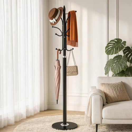 NBYTLT 70in Coat Stand, Freestanding Metal Clothes and Hat Rack with 12 Hooks, Sturdy Standing Coat Rack, for Entryway, Bedroom, Hallway, Black