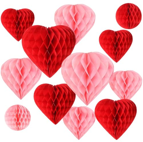 12PCS Bolas de Panal de Papel para San Valentín, Corazones Nido Abeja, Papel Panal Rojo Rosa Adornos para Fiesta Aniversario Boda Cumpleaños, 3 Tamaños