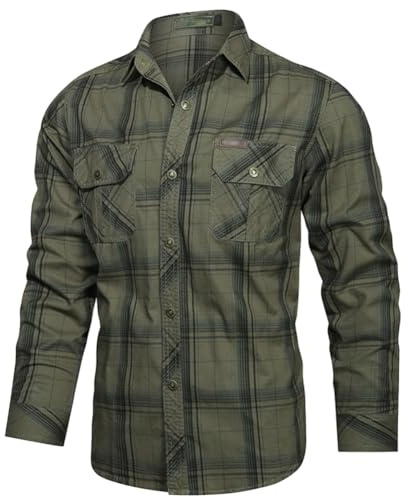 Check-Camiseta, Camisa Clásica a Cuadros Manga Larga de Algodón para Hombre, Ligero y Agradable Protección UV para Pesca, Tala, Montañismo, Caza，VerdeMilitar，XL