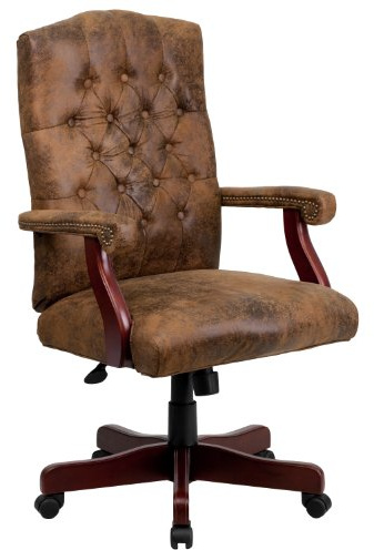 Flash Furniture Derrick Traditional Microfiber Tufted Swivel Office Chair with Wood Base, Ergonomic Farmhouse High-Back Desk Chair, Bomber Brown