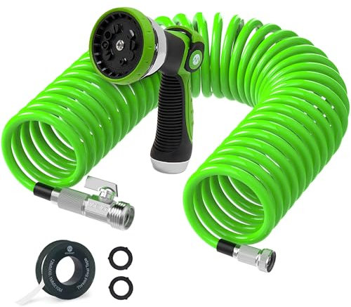 Morvat Gartenschlauch, kleiner Schlauch, 150 m, Spulenschlauch mit 10 Mustern, Wassersprühdüse, leichter Spiral-Wasserschlauch