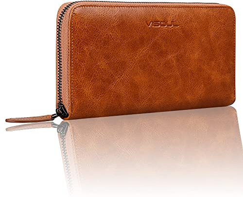 VISOUL Premium Brieftasche Echtleder Italienisches Leder mit RFID Schutz, XL Geldbörse für Herren Damen L02 Braun
