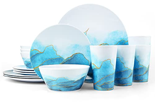 Aclema Melamine Dinnerware Sets 16 Pcs Dish Set Plates Bowls Cups Unbreakable for Kitchen Dinner Outdoor Indoor Service for 4