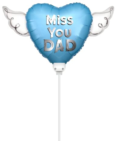 Heavenly Balloons Miss You Dad Blue 8 Heart with Angel Wings on a Stick | Memorial Balloon for Dad | Grave Decoration for Cemetery and Graveside | In Loving Memory Remembrance Gift