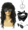 MIVAIUN 4 Stück Rock Perücken Set 70er 80er Jahre Disco Perücken Kostümzubehör für Damen Herren Hippie Kostüm Set Vokuhila Perücke Bandana Peace Halskette Sonnenbrille für Halloween Karneval (Schwarz)
