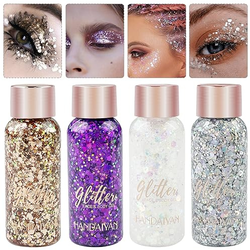 Mesybveo 4 Pièces Paillettes Visage et Corps, Gel Glitter Liquide pour Maquillage Festival, Cheveux, Ongles - Style Sirène