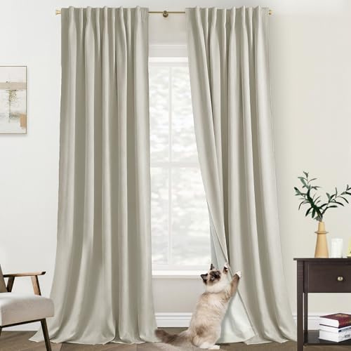 94 Inch Cat Proof Linen Pleated Blackout Curtains with Hooks, Perfect Length for Ring Top or Pinch Pleat Hanging Floor Length Drapes with Heading Tape for Bedroom Living Room, 2 Panel Set